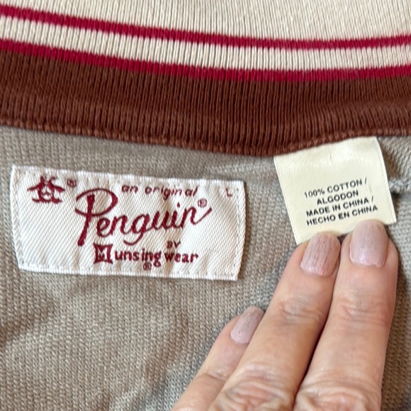 Original Penguin Cream and Brown Bomber Jacket with Stand-Up Collar - Picture 7 of 8